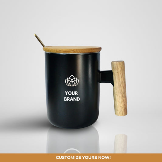 Ceramic Mug w/ Wooden Handle & Lid