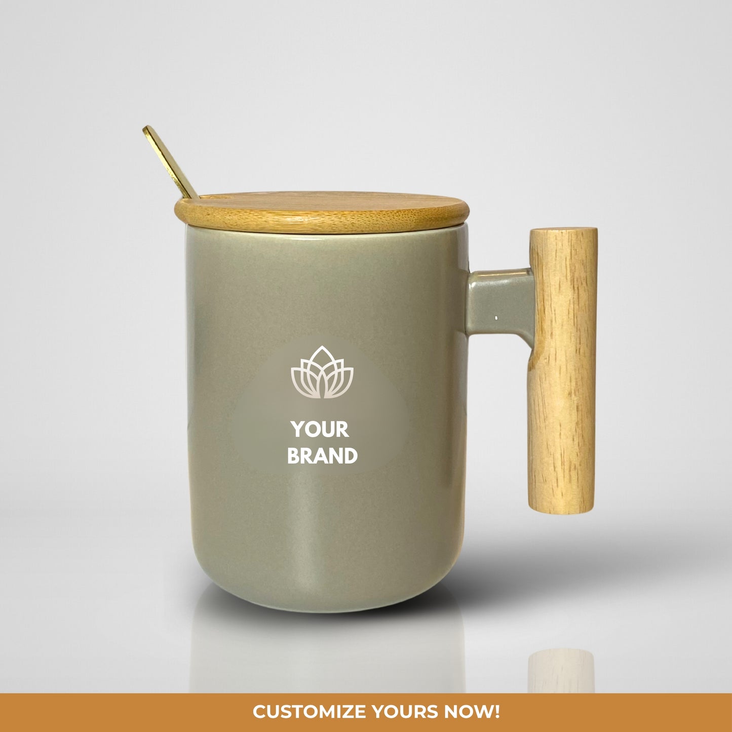 Ceramic Mug w/ Wooden Handle & Lid